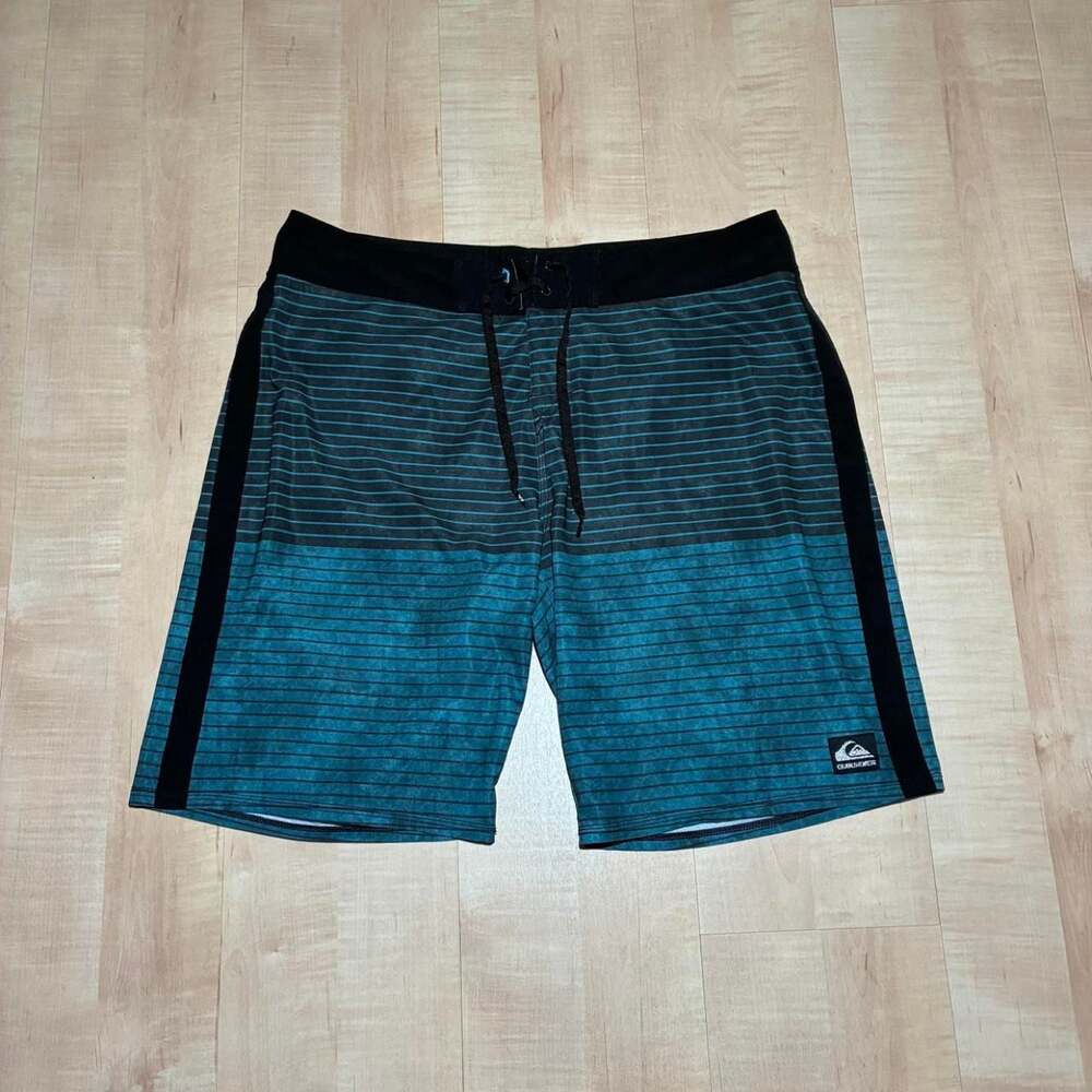 Quiksilver Striped Board Shorts Teal Black Surf Trunks Size 36